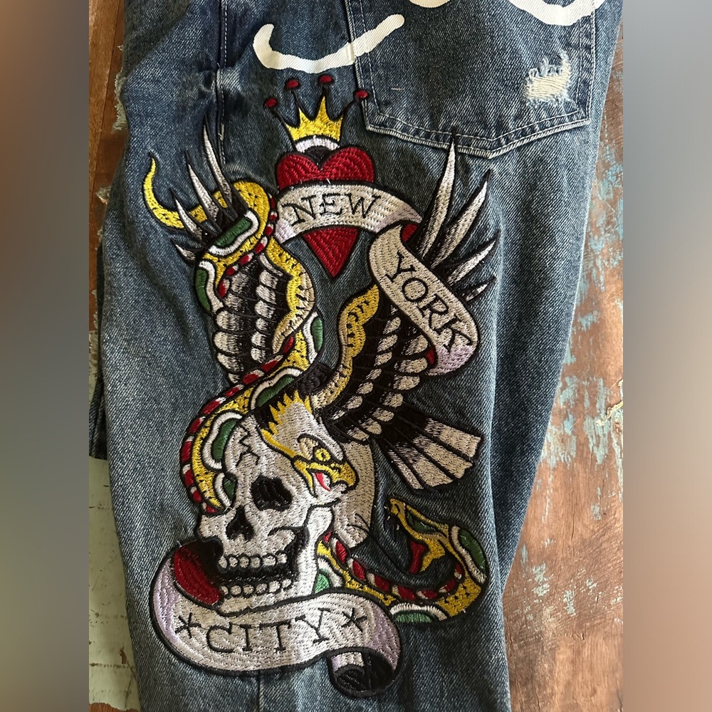 Ed Hardy Black Slim Jeans with Colorful Skull Embroidery